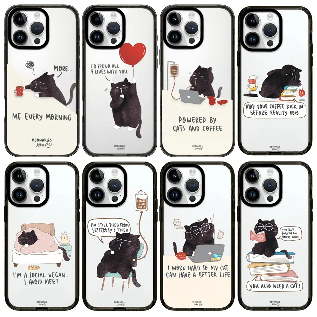 

Cartoon Black Cat 2.0 Acrylic Black Border iPhone 12 13 14 15 16 Pro Max Protective Case, Fits iPhone 16 Pro Max