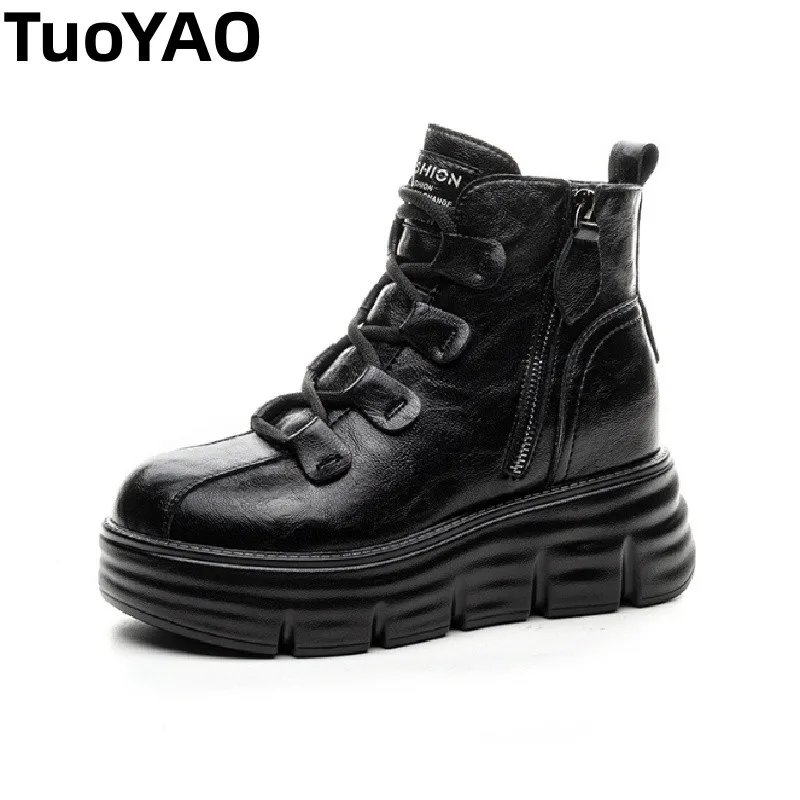 

8cm Platform Boots Genuine Leather Chunky Heel Ankle Boots Comfortable Warm Fur Snow Shoes Winter Boots for Women