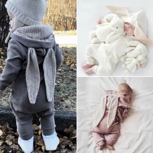 Newborn Baby Boy Girl Warm 3D Rabbit Ears Romper Jumpsuit Autumn Outfits Long Sleeve Clothes