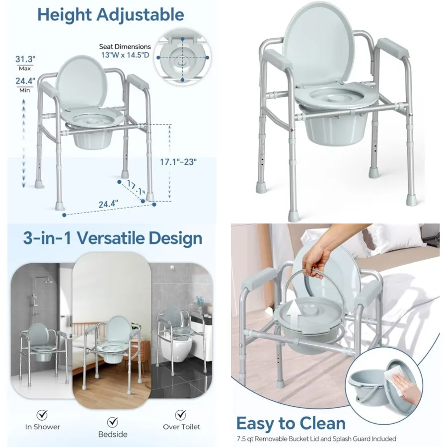 

3-in-1 Bedside Commode Chair with Sturdy Dual-Crossbar Support Construction, Stable Portable Commode Toilet with 7.5Qt Potty Bu