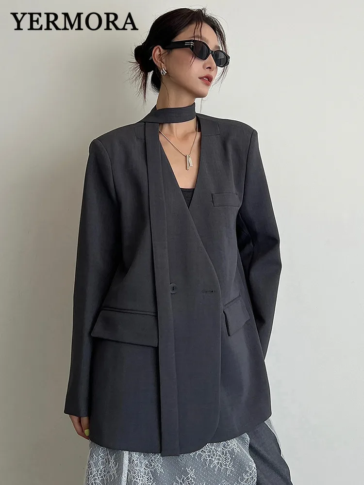 

YERMORA Gray Bandage Brief Vintage Blazer For Women V-neck Long Sleeve Loose New Jacket Fashion Tide Spring Autumn 2025