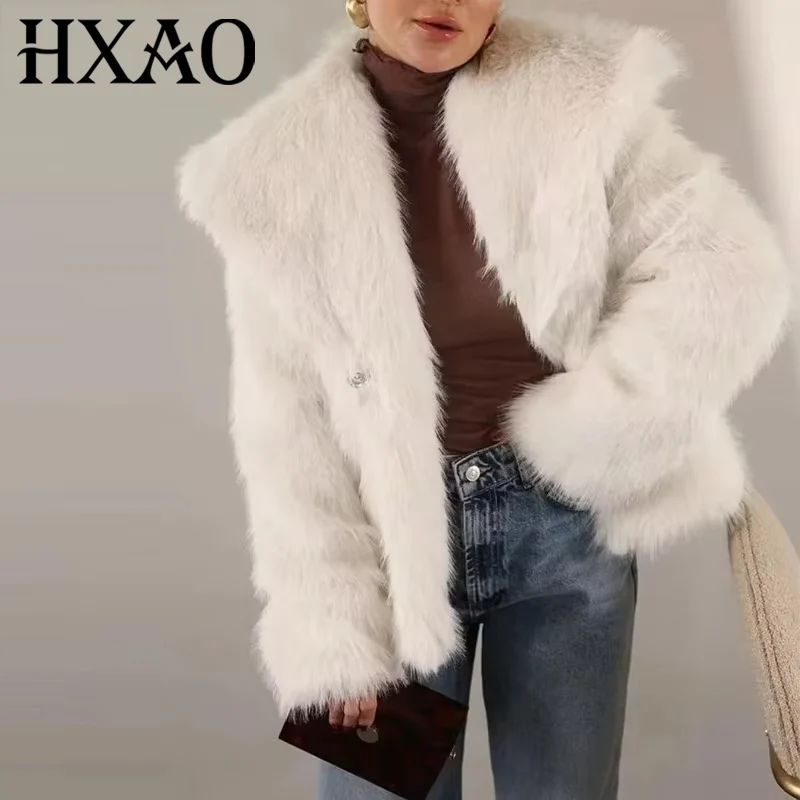 

HXAO Womens Coats Winter Furry Short Faux Fur Coat Women Plush Luxury Warm Woman Coat Autumn Fluffy Jacket White Fake Fur Coat