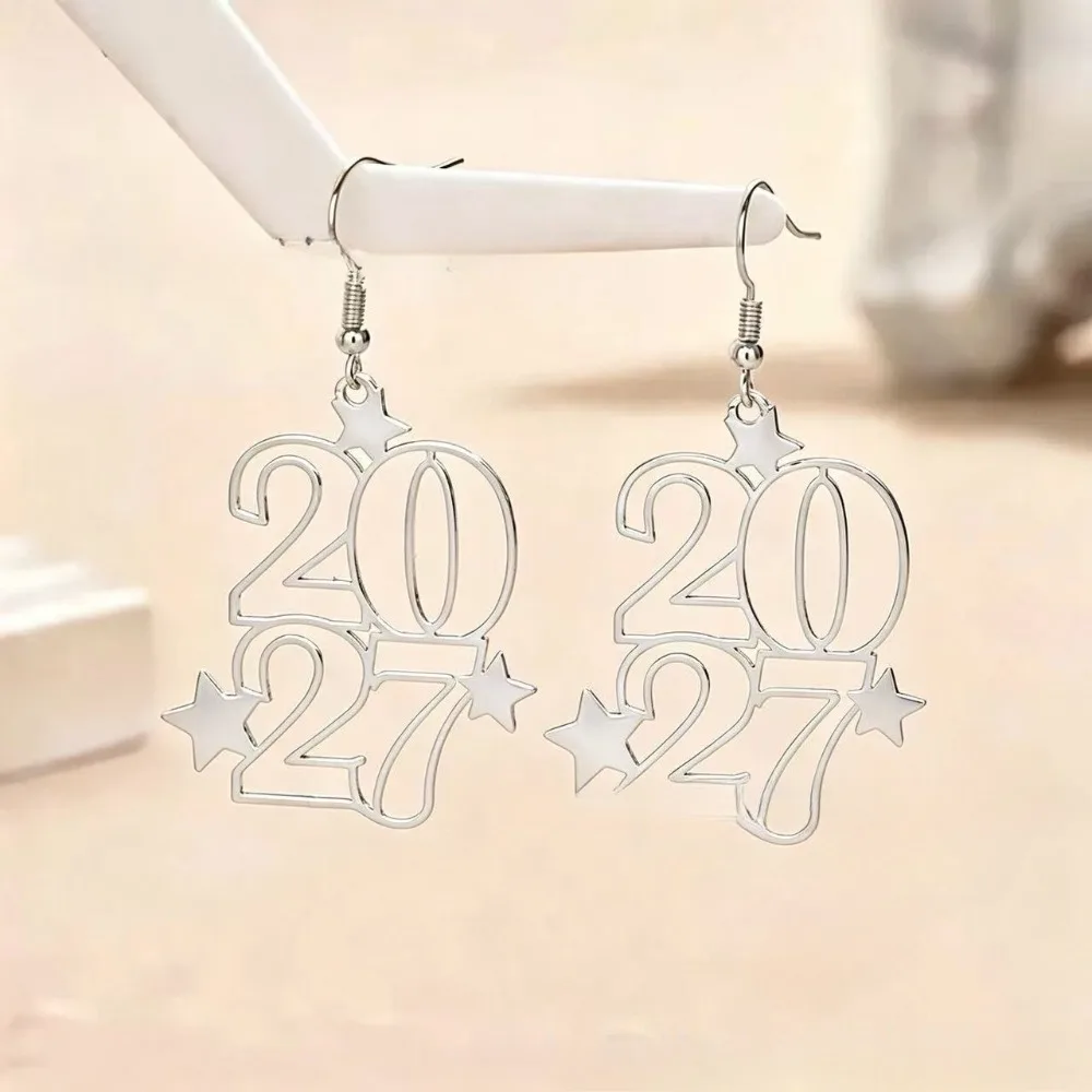 2027 Metal Hollowed Number Dangle Earrings for Women Digital Star Drop Earring New Year Graduation Party Christmas Jewelry Gifts
