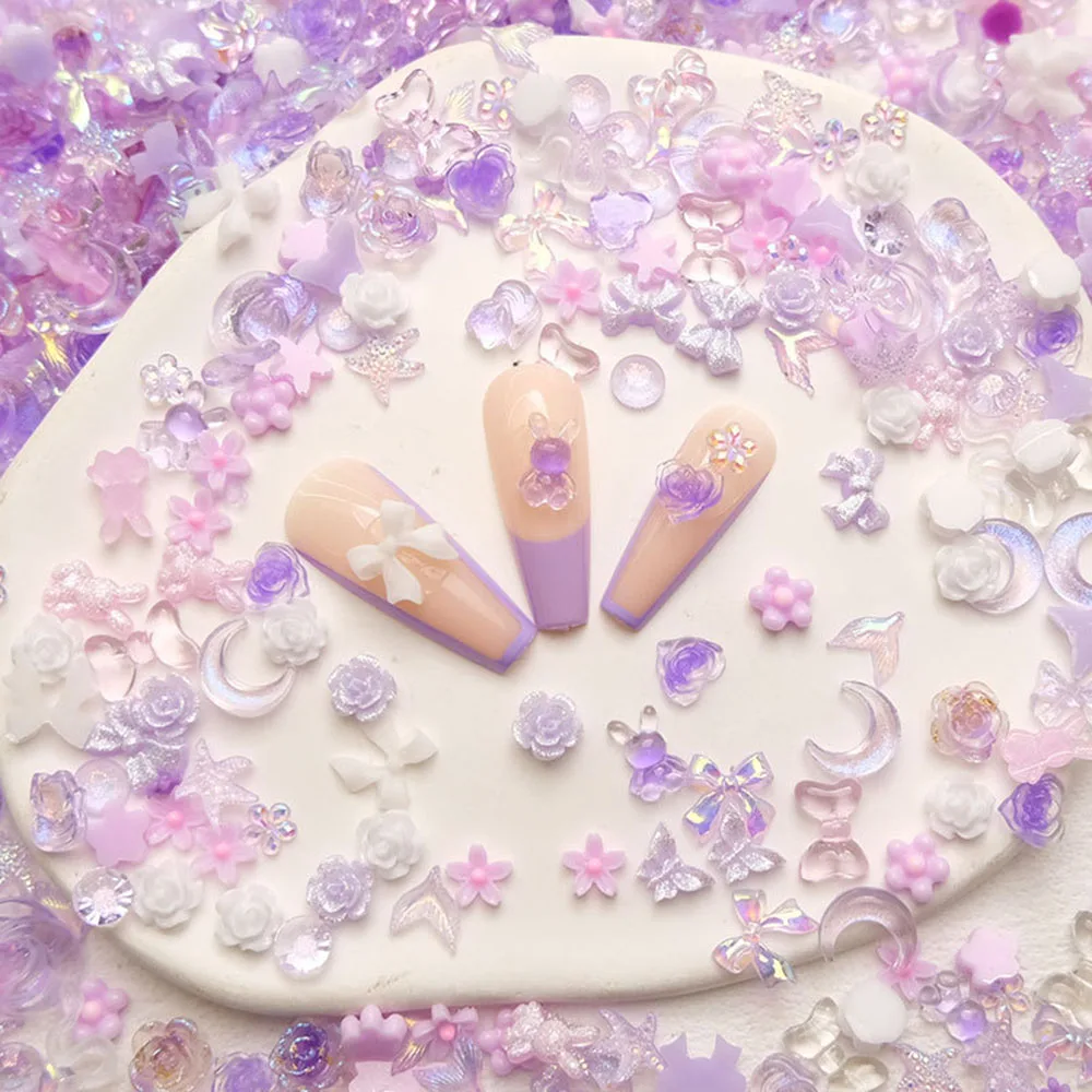 50pcs 3D Resin Nail Charms Butterfly Purple Mixed Shape Flower Moon Bow Design Nail Charm Decoration Manicure Supplies Parts