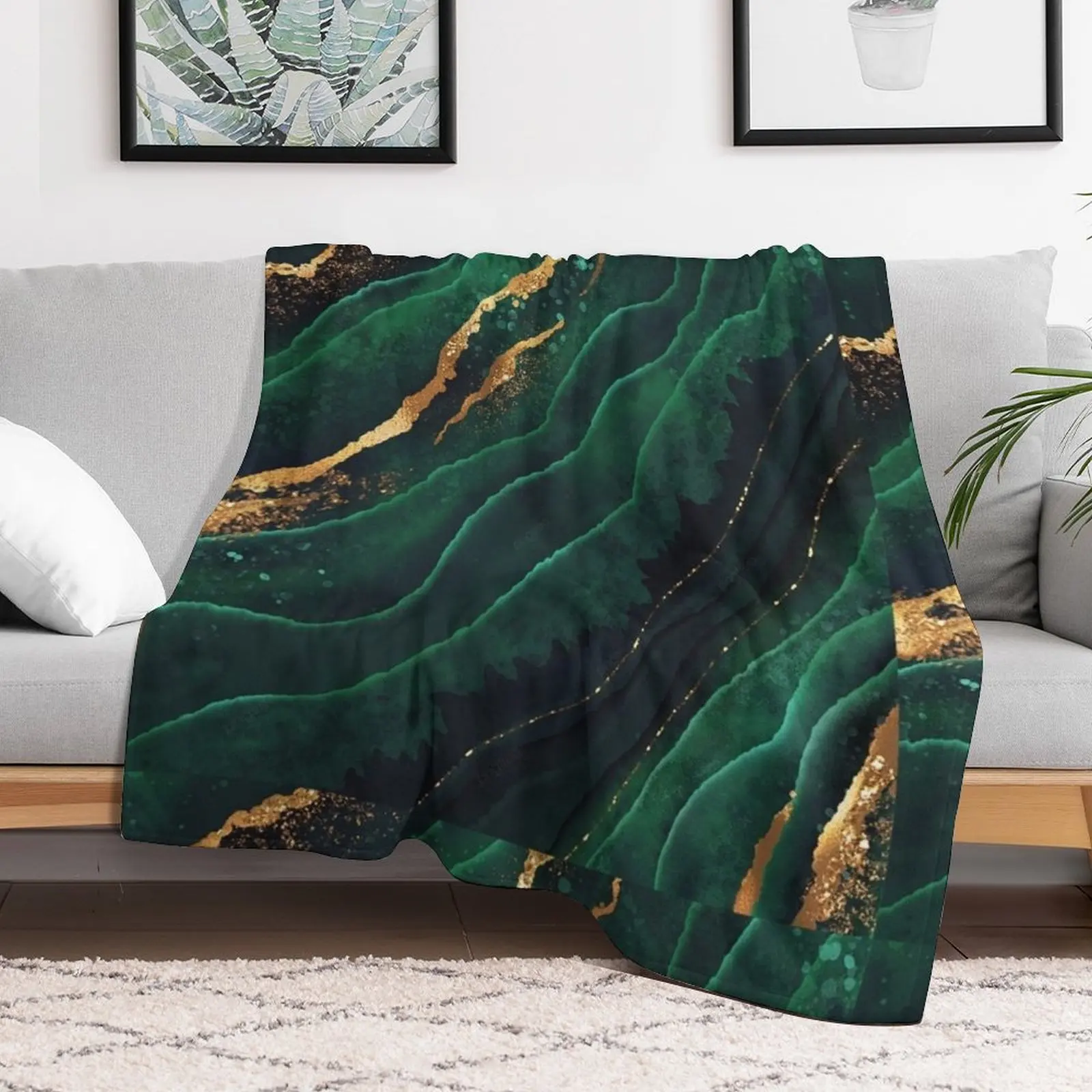 Dark green and gold streaks marble print Throw Blanket Bed Fashionable Camping Blankets