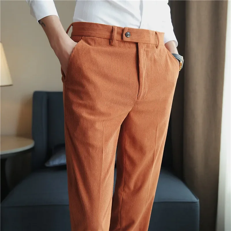 New Autumn and Winter Thick Striped Suit Pants Corduroy Casual Pants High-quality Slim Fit Business Office Formal Pants