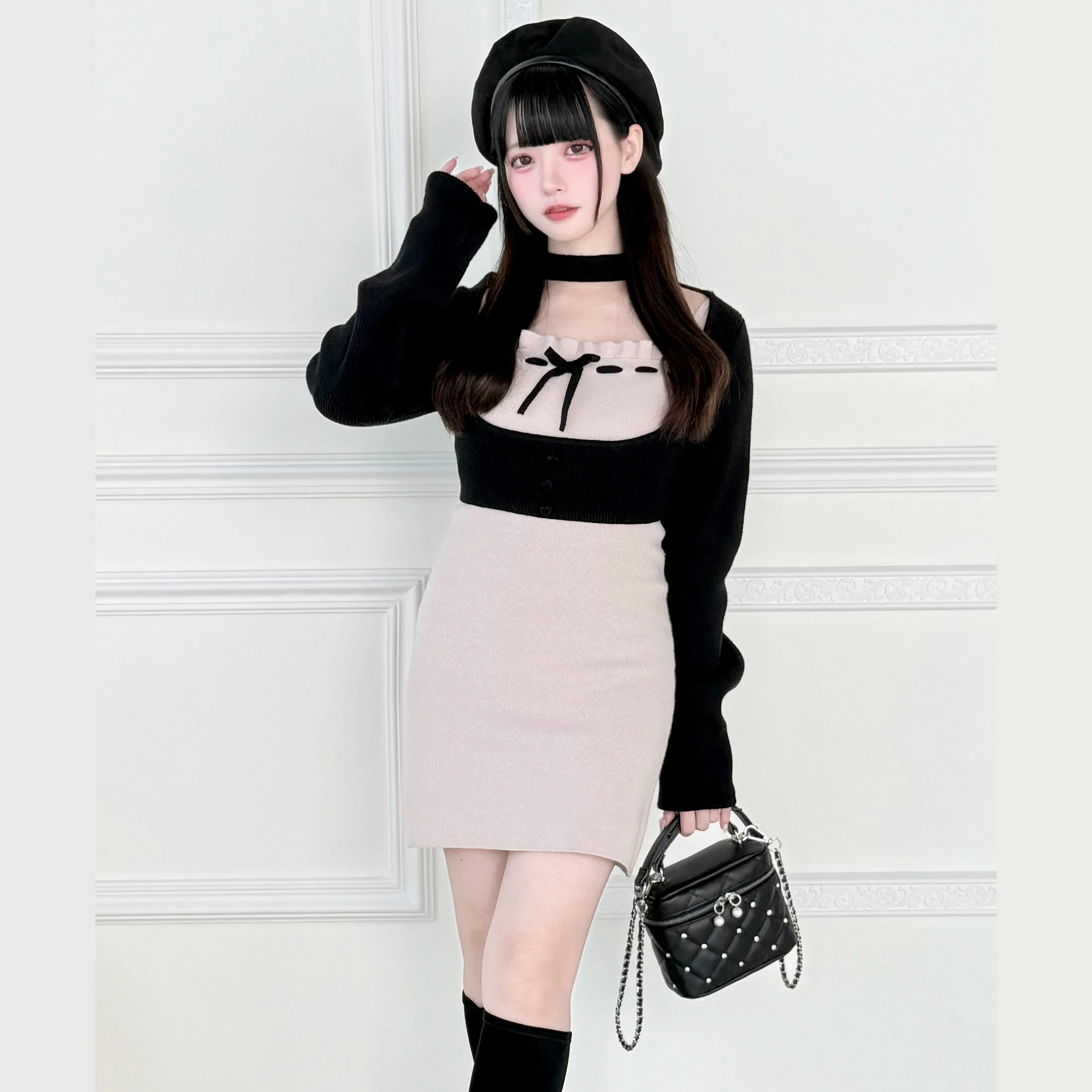 Estilo japonês original produzido em massa camisola de manga longa vestidos sem mangas conjunto de duas peças para mulher bodycon vestido curto outono