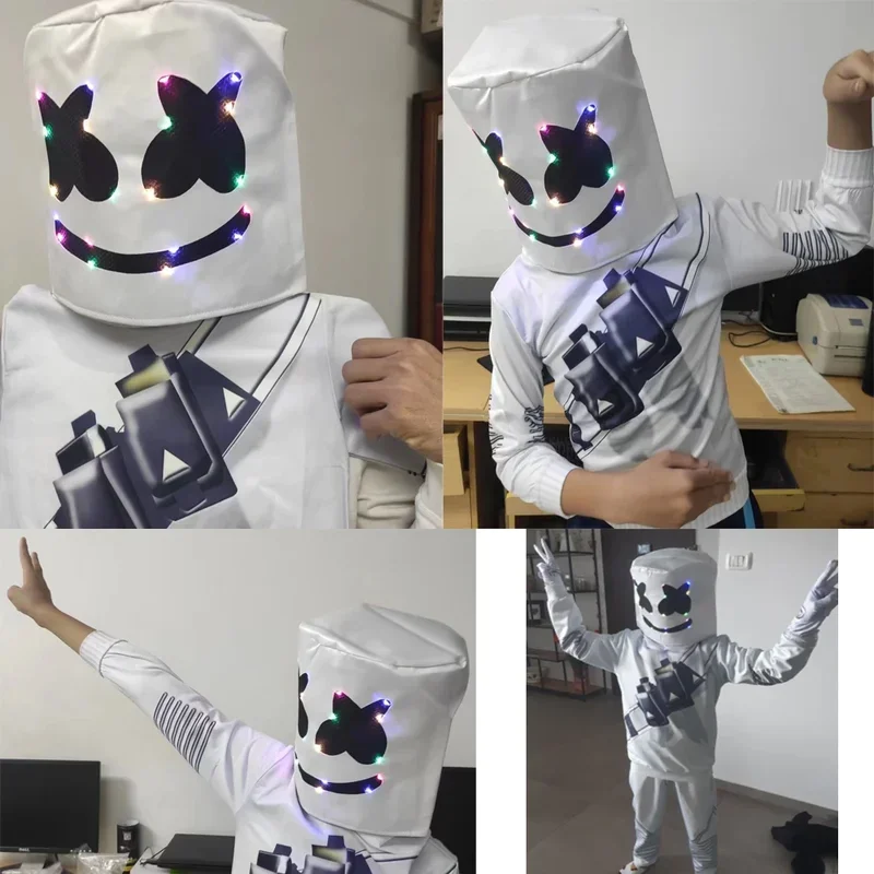 New 2025 LED Marshmallow Boys Girls Mask For Dance Clown Cosplay Clothes Halloween Christmas Costume Party Game Fortnites 95ly