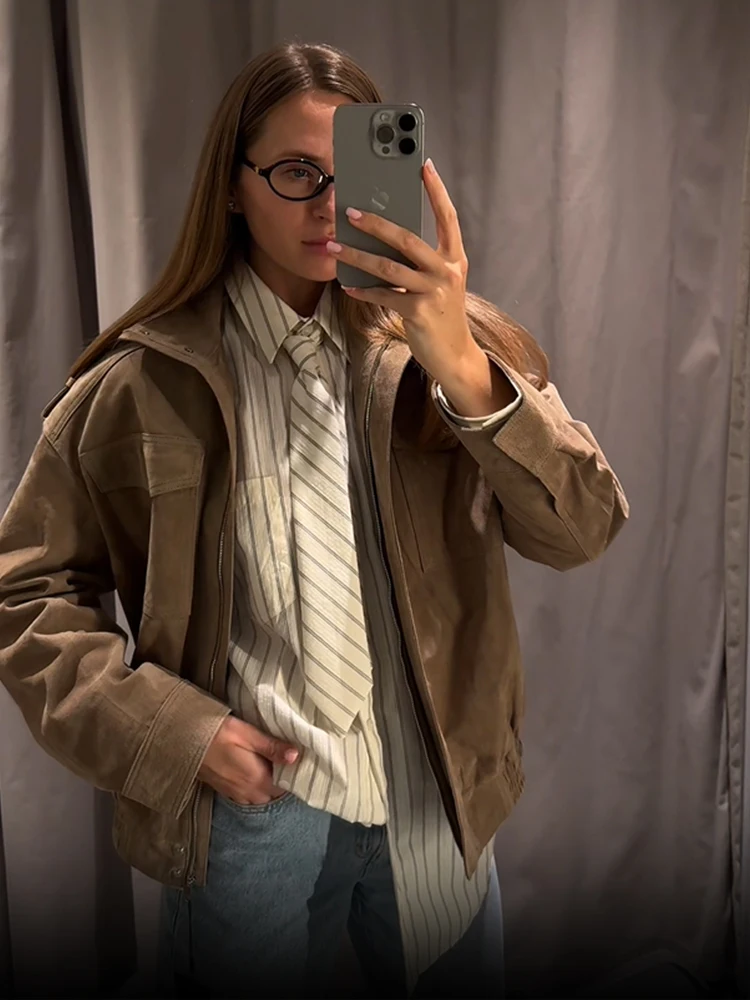 Dámská volná semišová bunda s dlouhým rukávem, kapsy na zip, nadměrná bomber bunda 2025, podzimní a zimní dámská bunda na vysokém podpatku - náhled 3