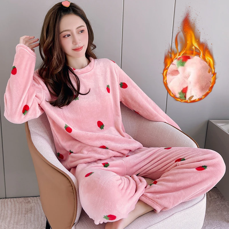 FINETOO Thermal Velvet Jacquard Sleepwear For Women Cute Strawberry Thickened Keep Warm Loungewear Ladies Comfortable Pajama Set