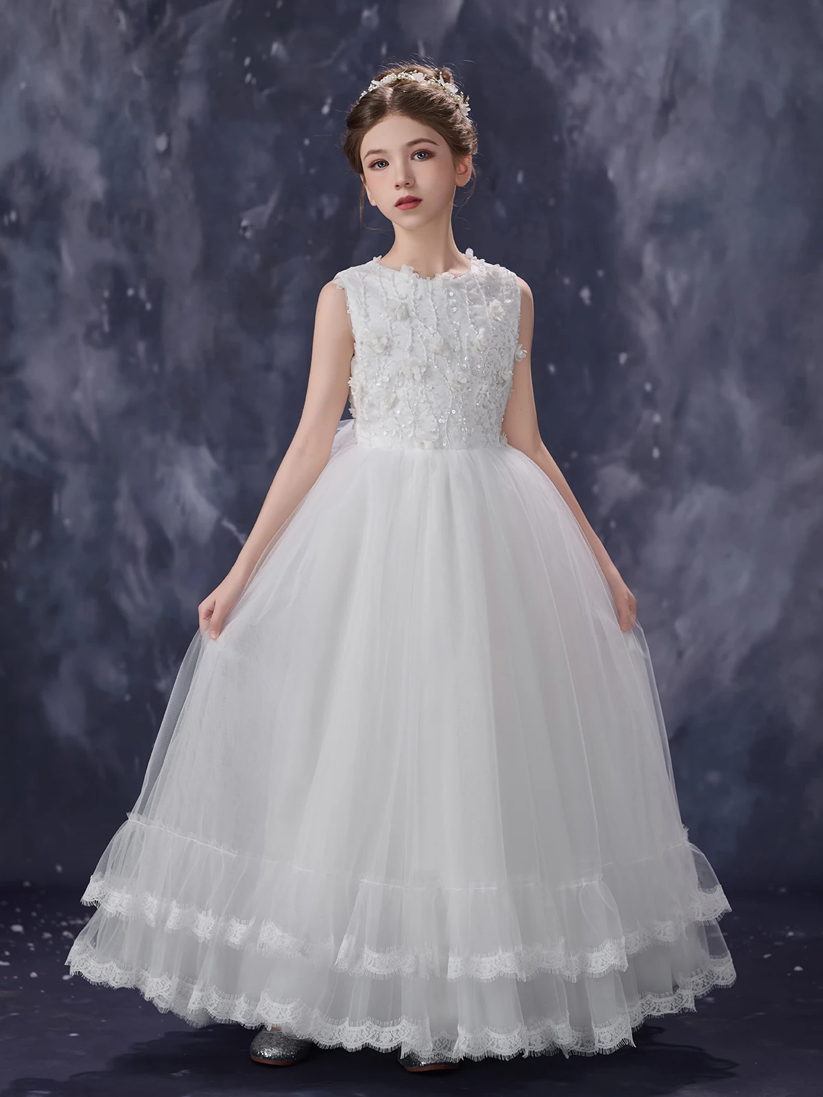 Vintage Lace Trim Girls Party Dress Sleeveless 3D Applique Tulle A-Line Gown for Kids Wedding Pageant Piano Competition
