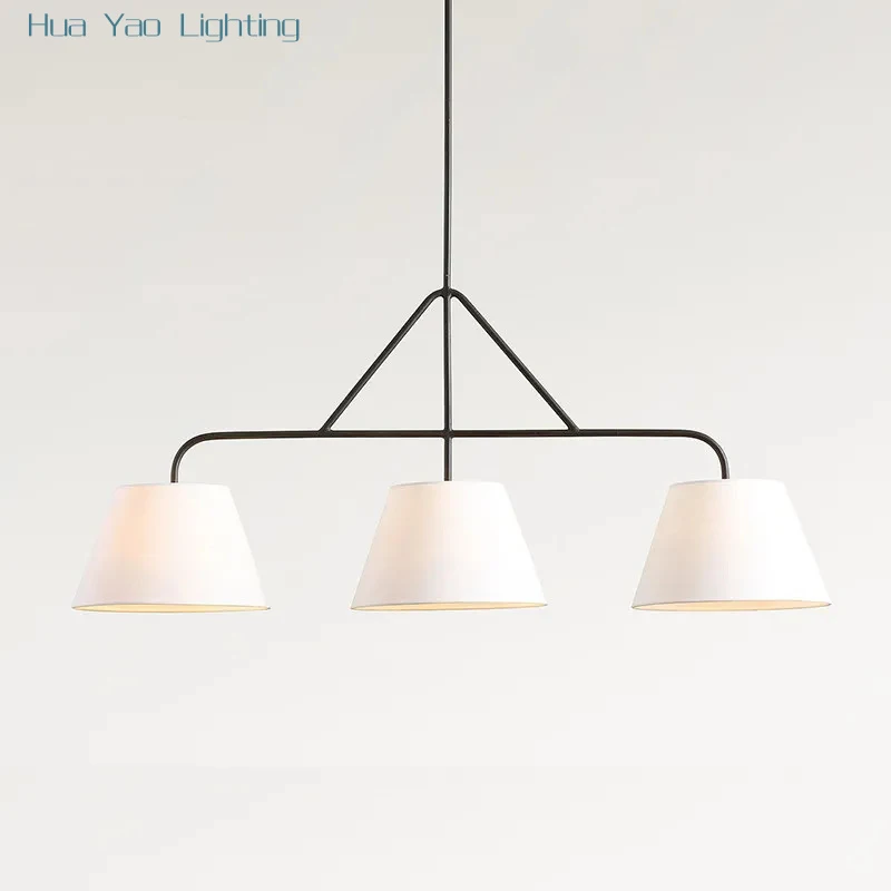 

American White Fabric Chandeliers Black Wrought Iron Pendant Lights Kitchen Island Restaurant Living Room Bedroom Hanging Lamps