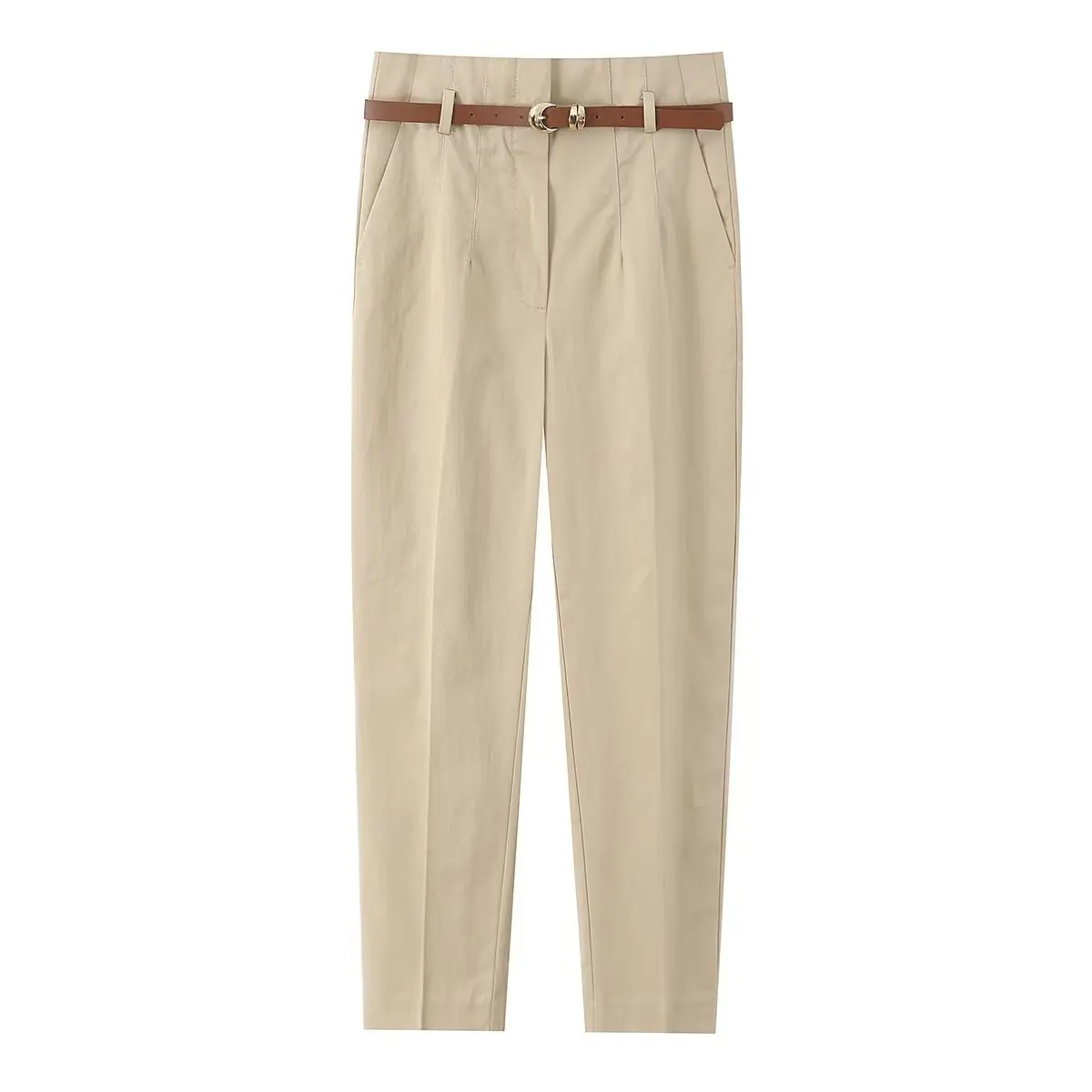 

Women's Fashion High-Waisted Ankle-Length Pants With Belt Beige Brown Navy High Waist Belted Tailored Trousers For Women O3T4