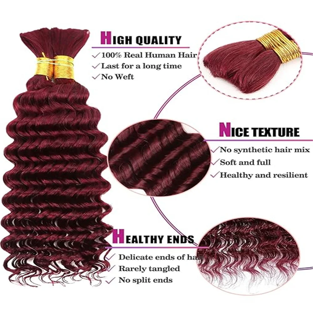 Extensions de cheveux humains bouclés pour tresses Boho, cheveux vierges en vrac pour tressage, sans trame, 28 po, document 99J, Deep Wave