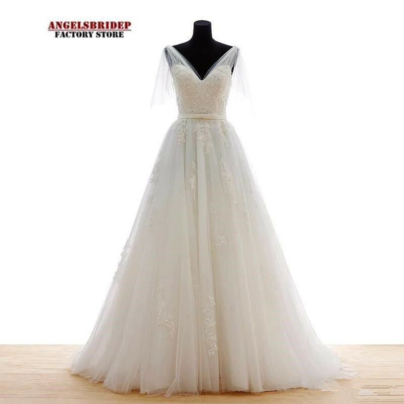 

ANGELSBRIDEP Lace Appliques Wedding Dress Bow Belt Court Train Formal Ball Gown V-Neck Elegant Plus Size Vestido De Noiva