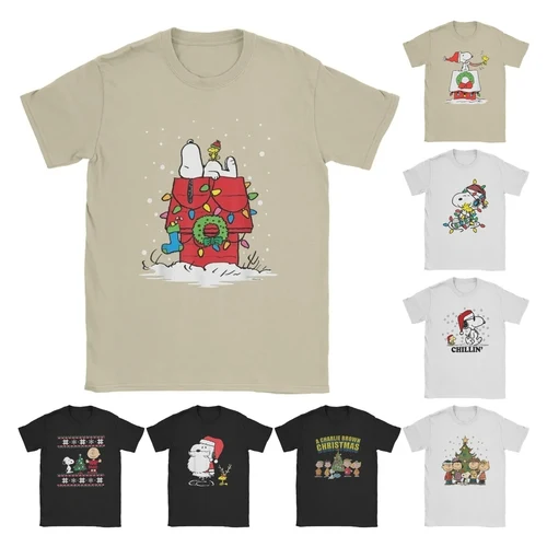 Peanuts Feliz Navidad Snoopy Woodstock camiseta Hipster hombres cuello redondo Camiseta de algodón camisetas de manga corta Idea de regalo mercancía