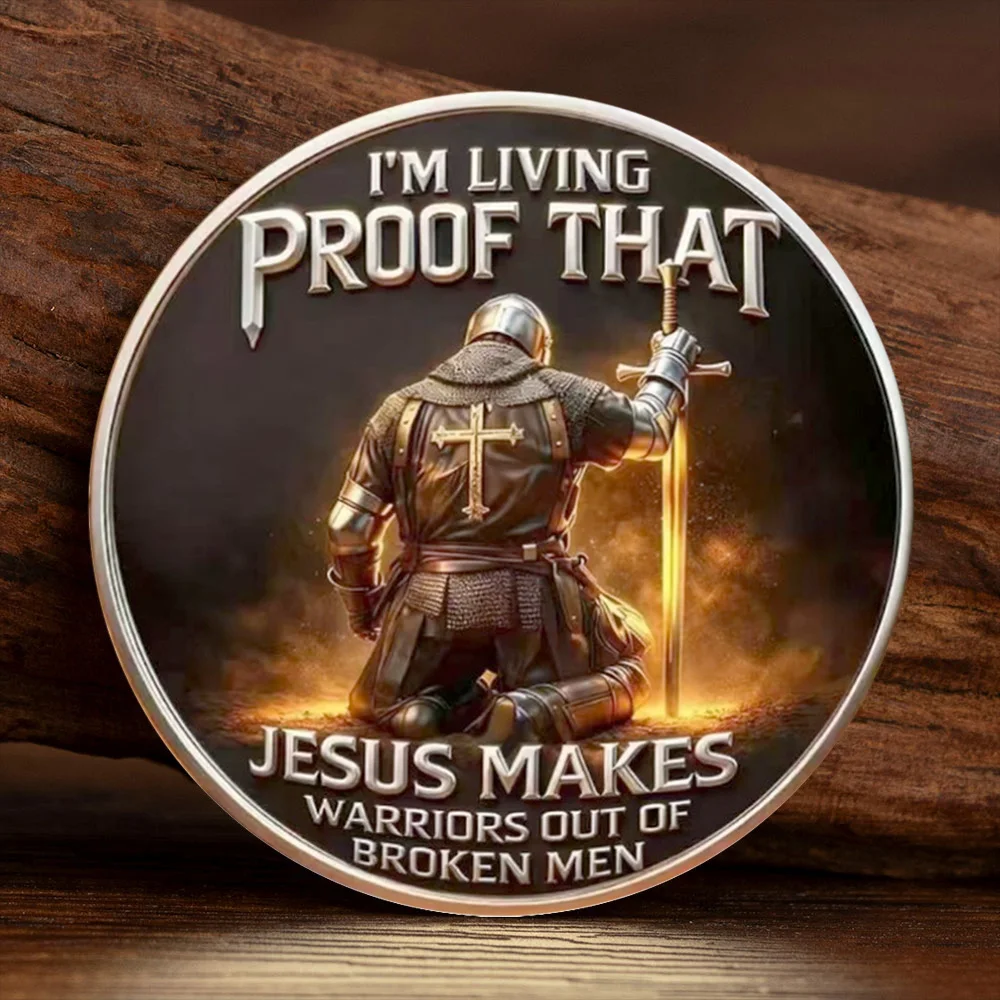 2D I'm Living Proof That Armor of God Silvery Plated Collection Coin Jesus Makes Warrior Out of Broken Men Souvenir Coin