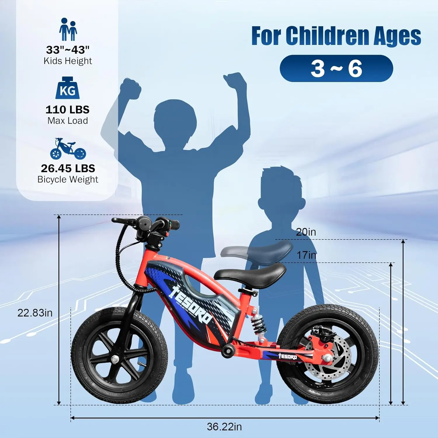 子供用電動バランスバイク,調整可能な速度のダートバイク,3 in 1, 3-6, 24v,150w,9.3mph,12 "ele