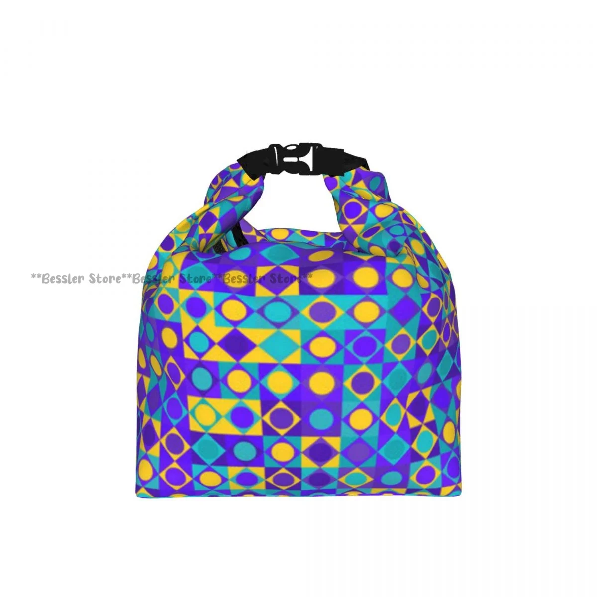 Roll Top Thermal Lunch Bag Circles Squares And Triangles Mosaic With Dots Insulated Bento Bag Reusable Food Storage Handbag