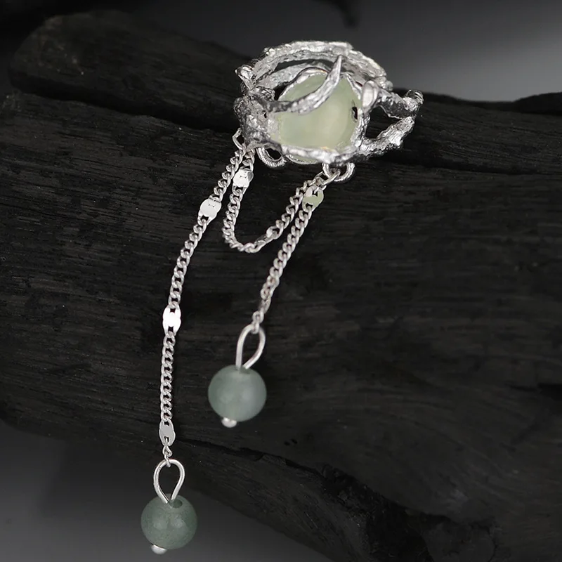 F.I.N.S 1PC New Chinese Style S925 Sterling Silver Prehnite Clip Earring Tassel Chain Uneven Stone Beads Earcuff Catilage Jewels