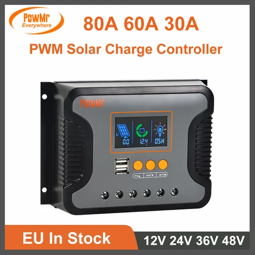Controlador de carga solar PWM 80A 60A 30A 12V 24V 36V 48V Regulador solar automático Pantalla LCD con USB dual apto para baterías de litio