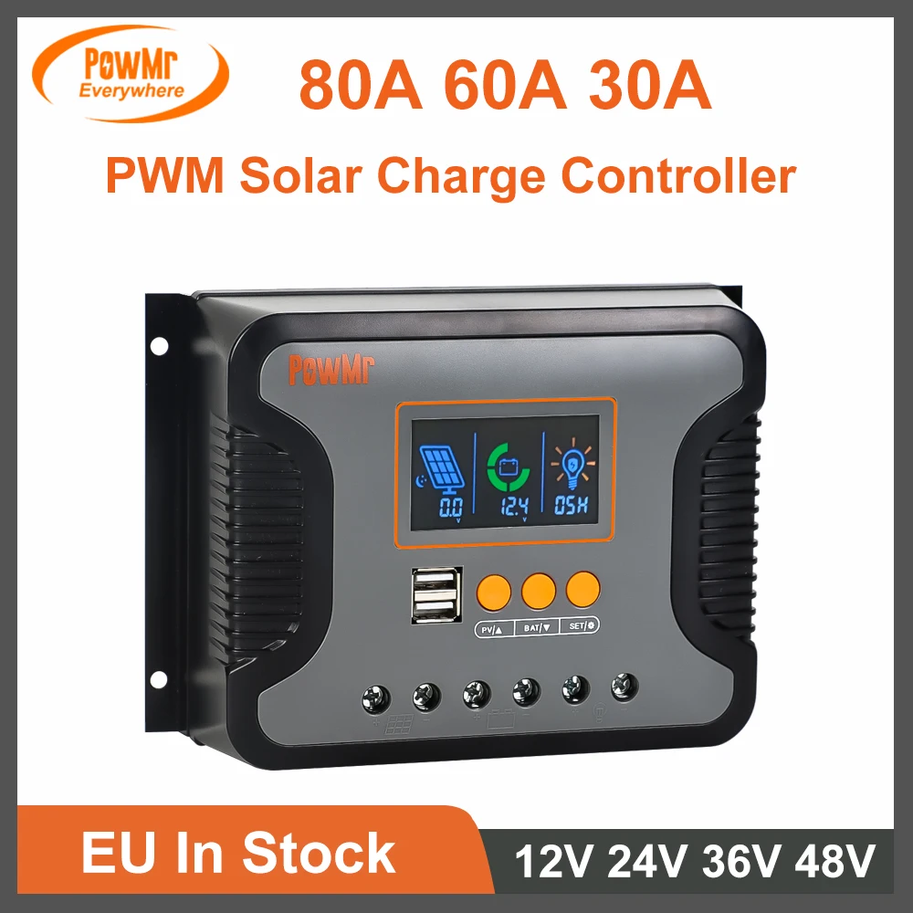 Controlador de Carga Solar Pwm 80a 60a 30a 12v 24v 36v 48v Regulador Solar Automático Display Lcd com Usb Duplo Apto para Baterias de Lítio