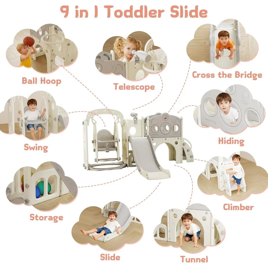 مجموعة منزلق وأرجوحة للأطفال الصغار 9 في 1 للأطفال الصغار 1-3 مجموعة ألعاب داخلية وخارجية مع تلسكوب كرة السلة #4