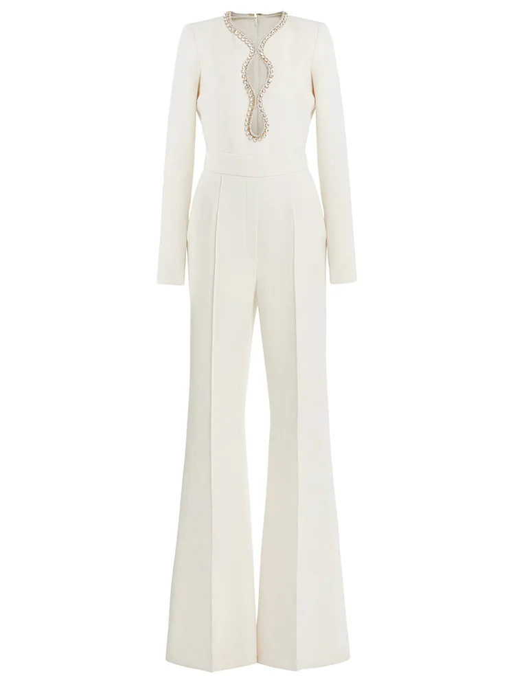 New Designer White Jumpsuit Fashion Heart Shaped Hollow Inlaid Diamond Beaded Long Sleeve Elegance Flare Pants Jumpsuit Women