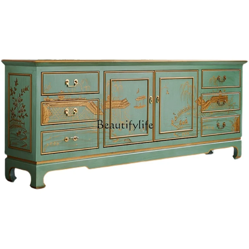 

*Light French retro green living room solid wood TV cabinet light luxury palace luxury painted entrance cabinet