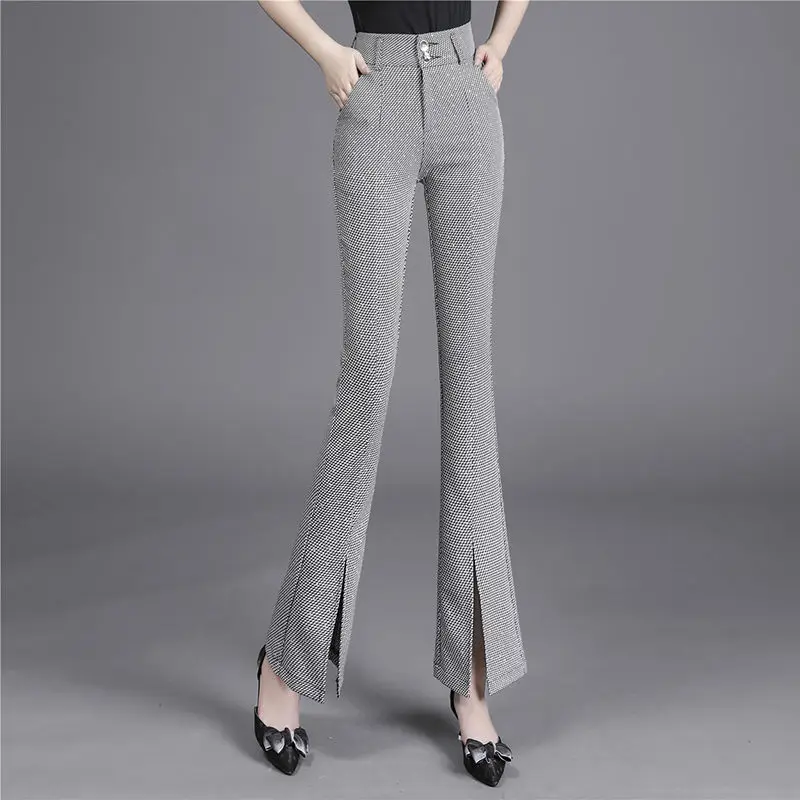 Korean Casual Summer Ice Silk Thin Suit Pants New Women Plaid Pockets High Waist Split Fashion Office Lady Slim Flare Trousers