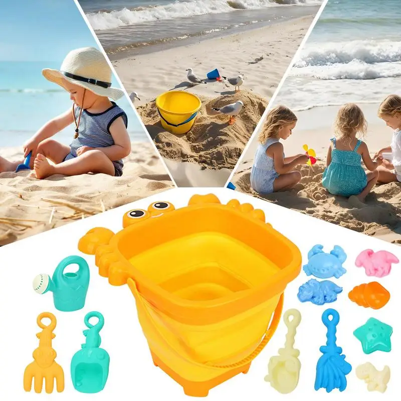 Conjunto de brinquedos de praia dos desenhos animados brinquedos de praia para ao ar livre bonito acessórios de viagem colorido conjunto de jogo com pás de balde dobrável para