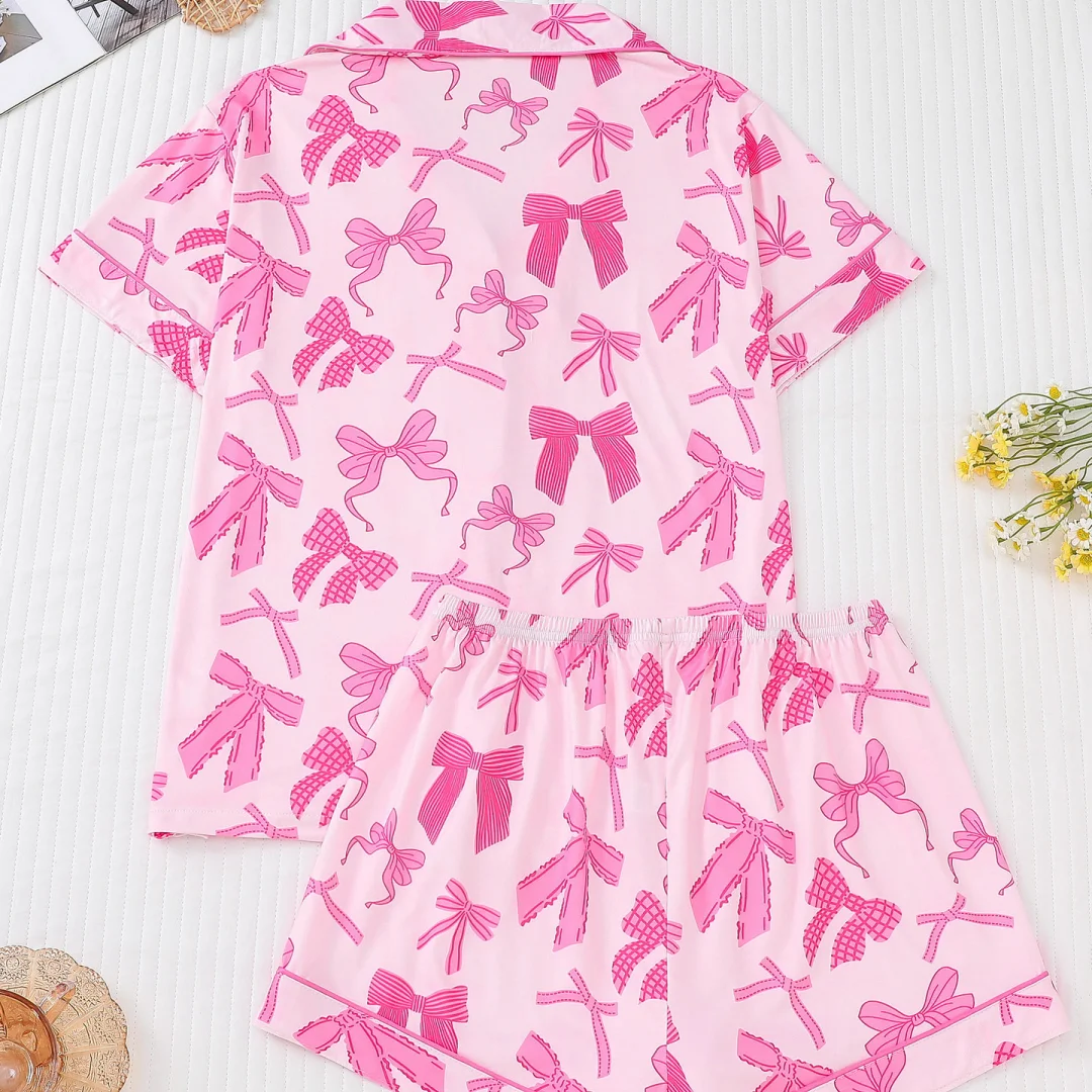 

Women‘s Pajamas Pink with Bow Print Lapel Short Sleeves and Shorts Home Wear Set Loungewear Clothes