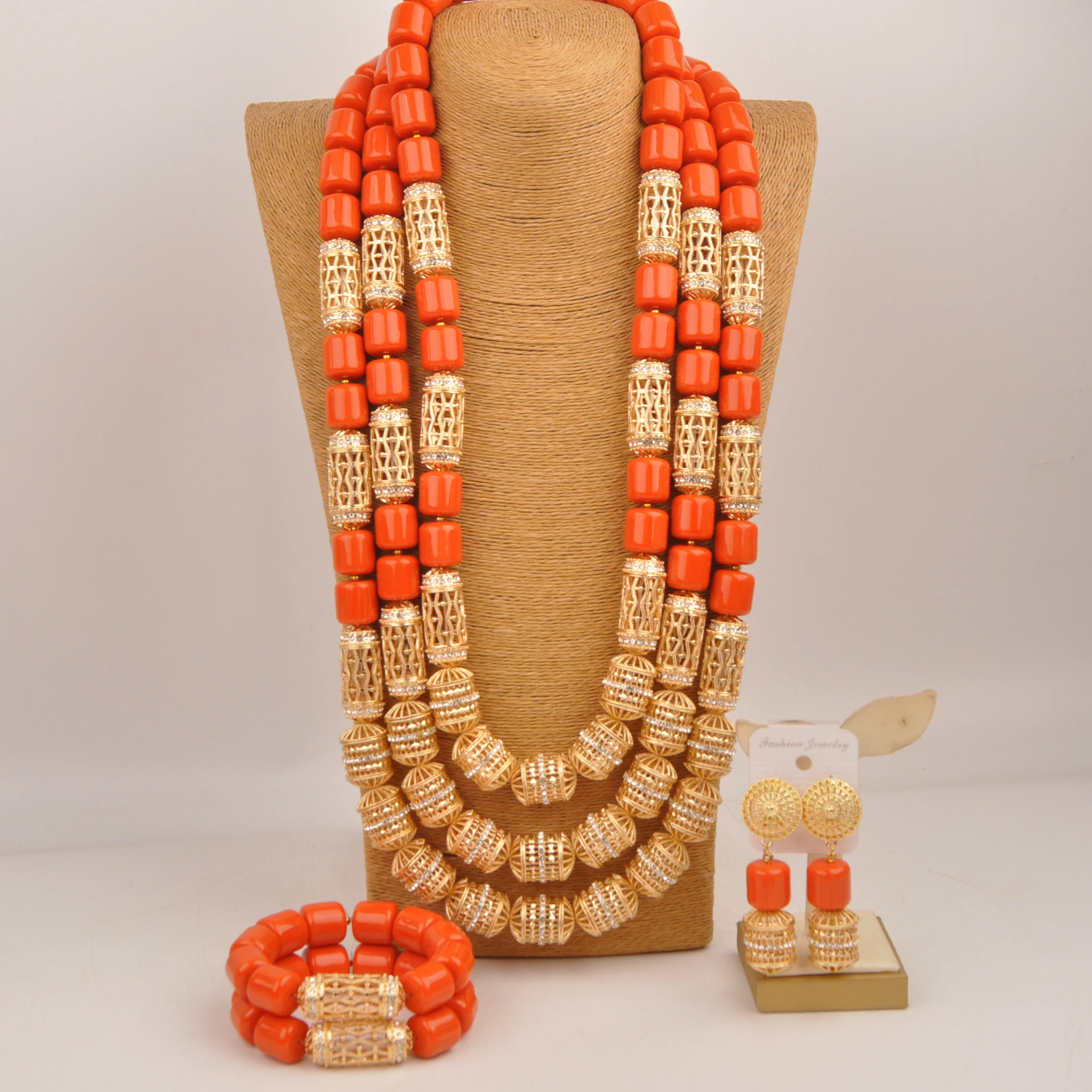 Orange Artificial Coral Beads African Wedding Bridal Jewelry Sets