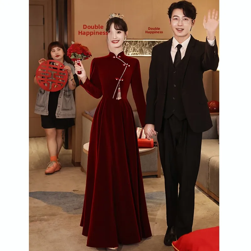

Red Wine Color Velvet Wedding Dr Long Sve Slim Fit Vintage Sle for Wedding Banquet Performance Daily Wear