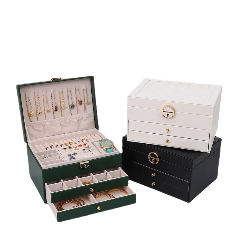 

1pcs Multi Functional Three Layer Leather Drawer Style Jewelry Box Earrings Earrings Lock Jewelry Box