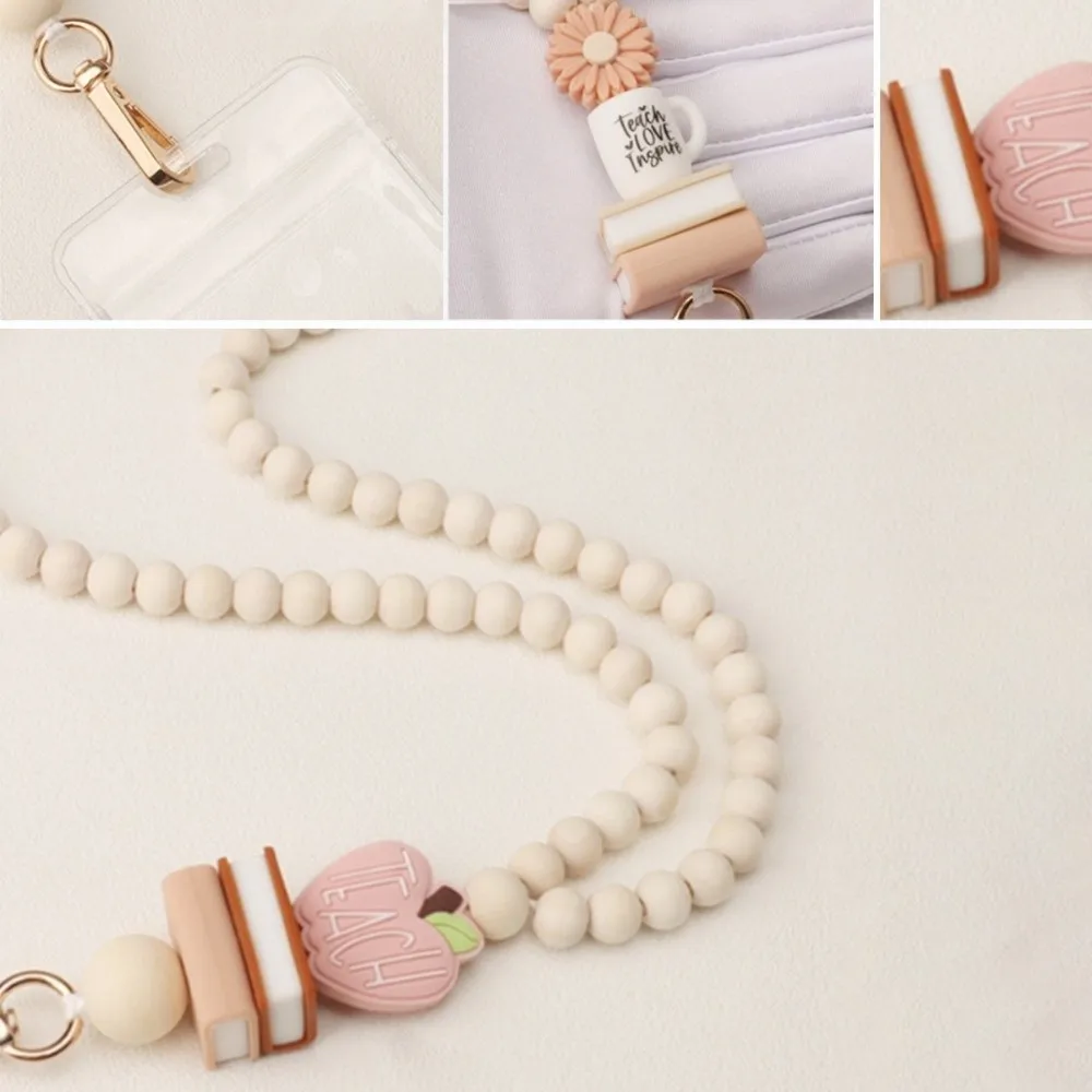 1 Set Fashion Wood Beaded Lanyard with ID Holder Pink Daisy Beads ID Holder Strap with Tassel String for ID Badges Women