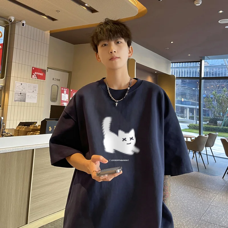 Men's Oversized T-shirts Cotton T Shirt White for Men Casual Summer Wear Cat Anime Print Fashion Tee Shirts Men Clothing