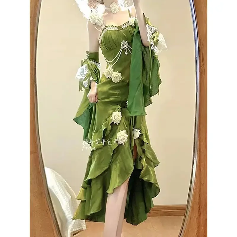 Exquisite Green White Rose Suspender Fishtail Skirt Birthday Evening Dress for Women Improved Cheongsam Elf Cosplay Costumes