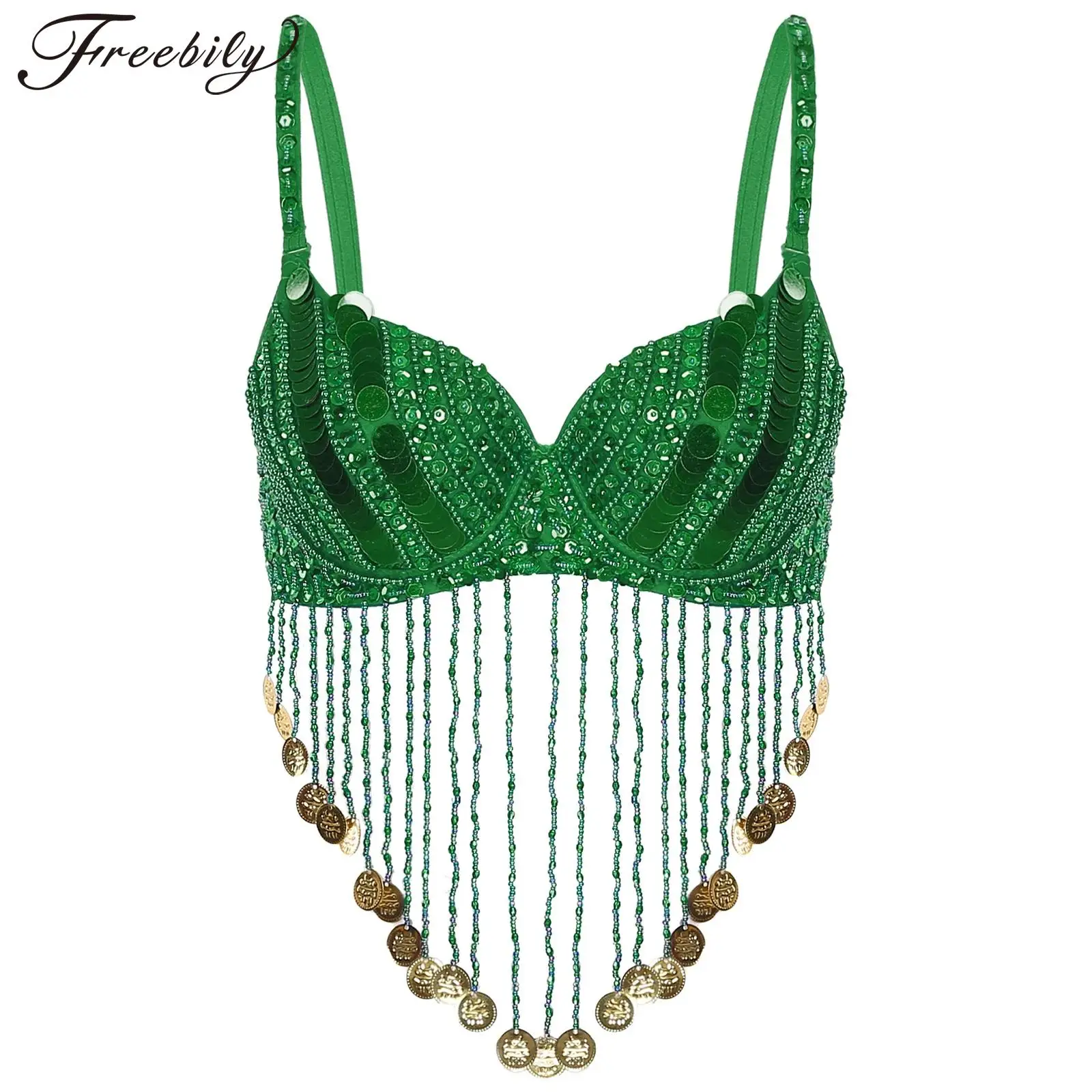 Donne Nappe con perline lucide Costume di danza del ventre S Reggiseno con ferretto Paillettes Party Top Rave Party Music Festival Costumi dancewear