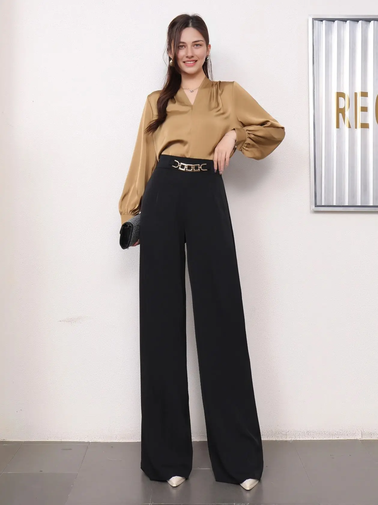 

Spring 2025 New Metal Sheet Suit Pants For Women Office Lady Elegant High Waist Wide Leg Fashion Trousers With Pockets Long Pant