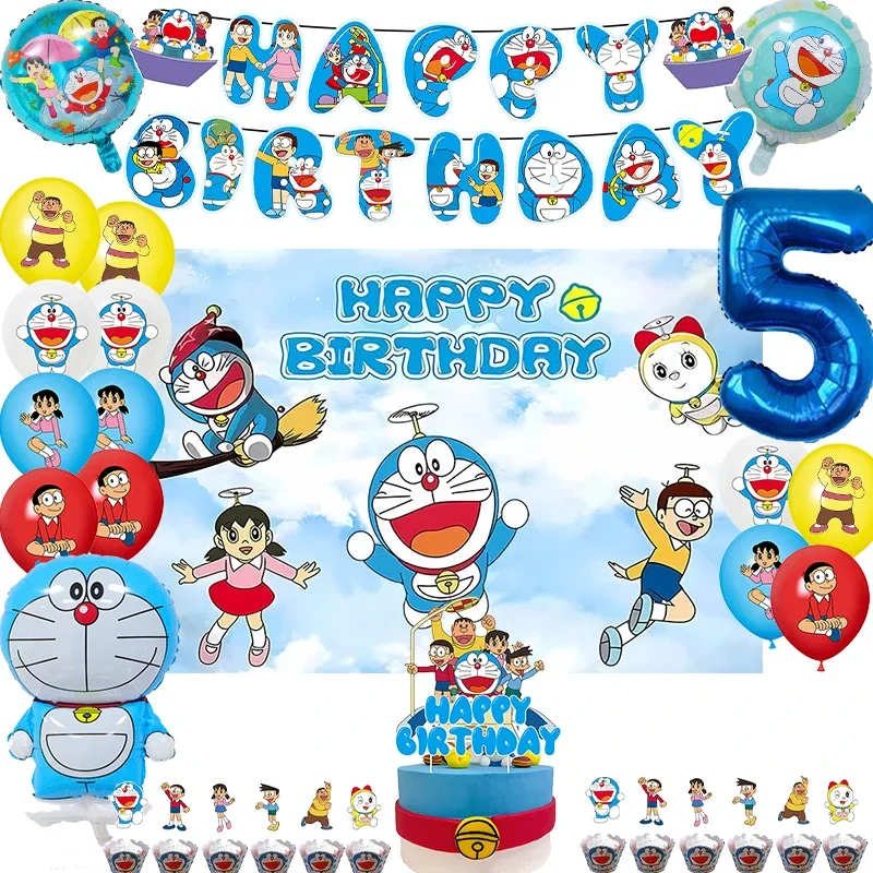 Magic Cat Theme Birthday Party Decoration Balloon Backdrop Cake Topper Doraemon Birthday Party Supplies Baby Shower