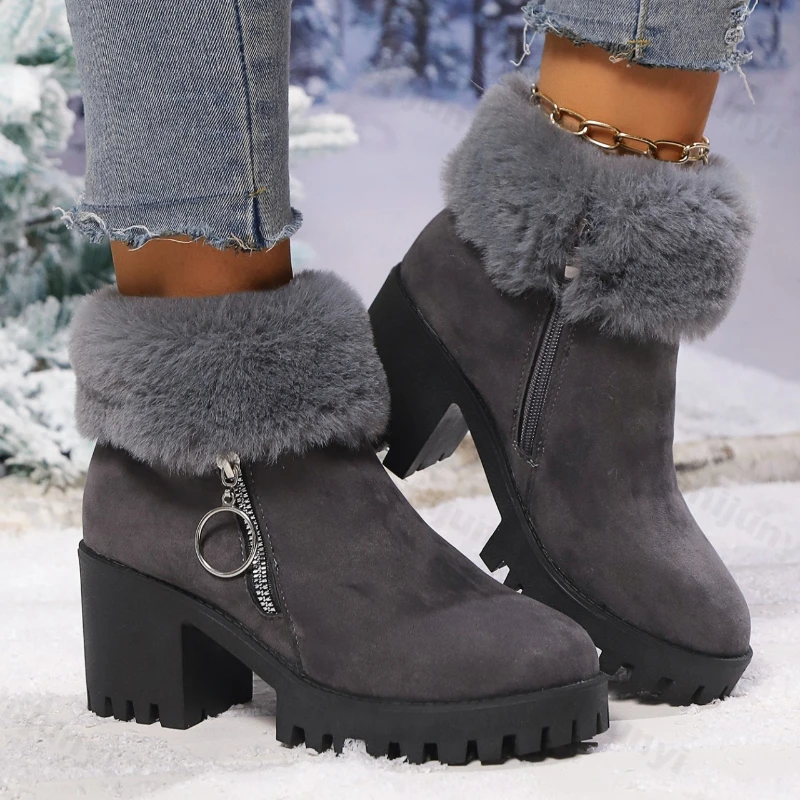 أحذية نسائية كبيرة الحجم موضة الشتاء بسحاب جانبي حافة مدمجة أحذية قطنية خارجية غير قابلة للانزلاق أحذية مريحة بكعب متوسط