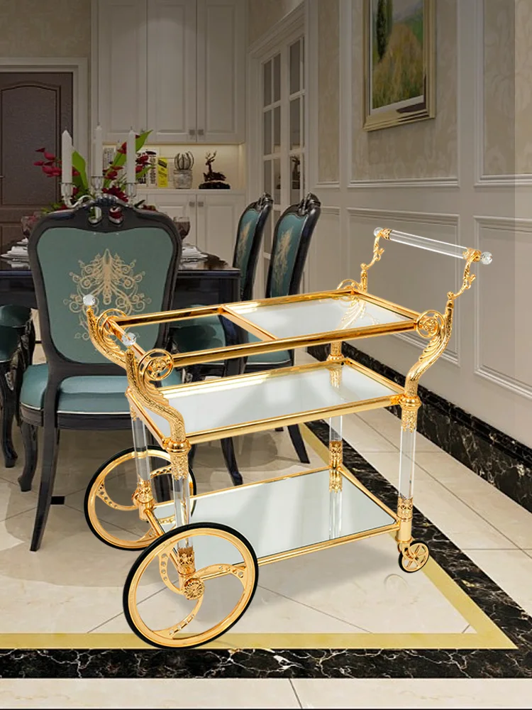 

High-grade European neoclassical crystal glass gold-plated dinner cart Wedding Villa hotel copper alloy trolley wine car