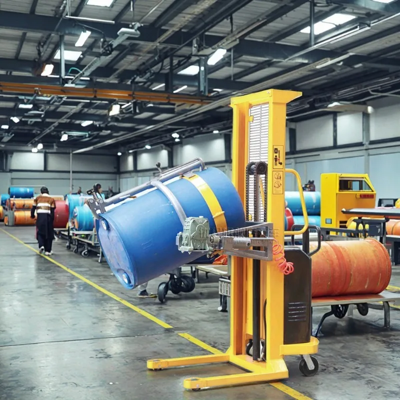 

[Hot Sale] Semi Electric Dump And Flip Forklift The Ladle Oil Drum Clamp Barrel Lifter Handling Stacker Equipment
