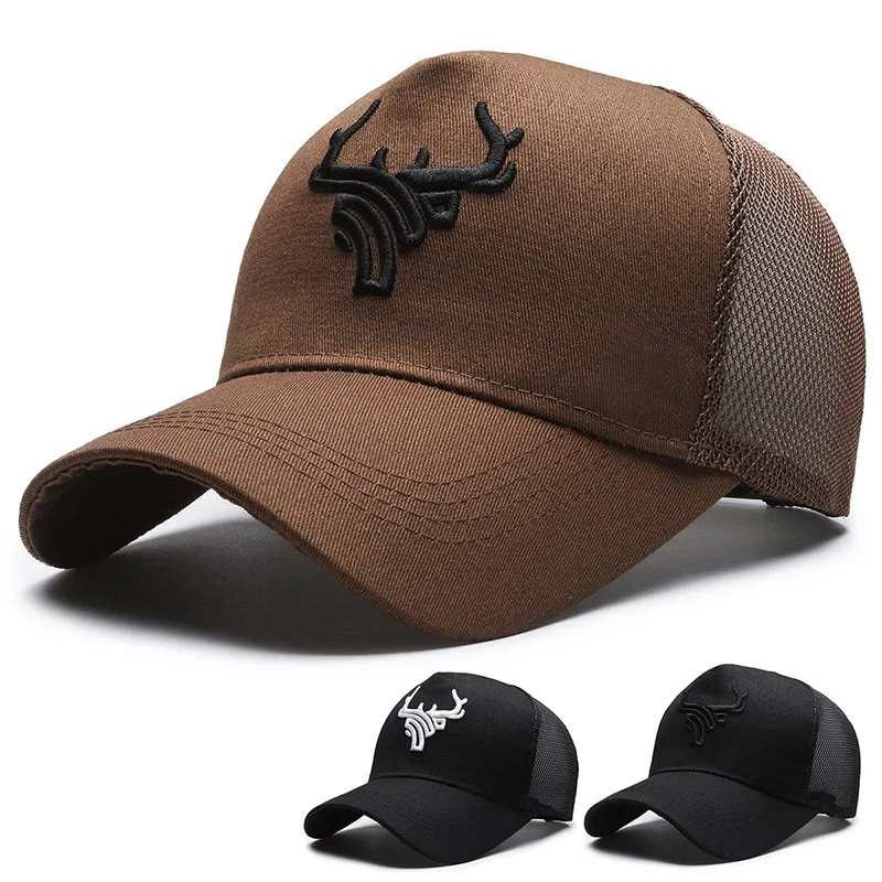 

High Top Five Mesh Cap Embroidered Antlers Baseball Hat Men's Summer Breathable Sun Protection Cow Head Cap Baseball Cap