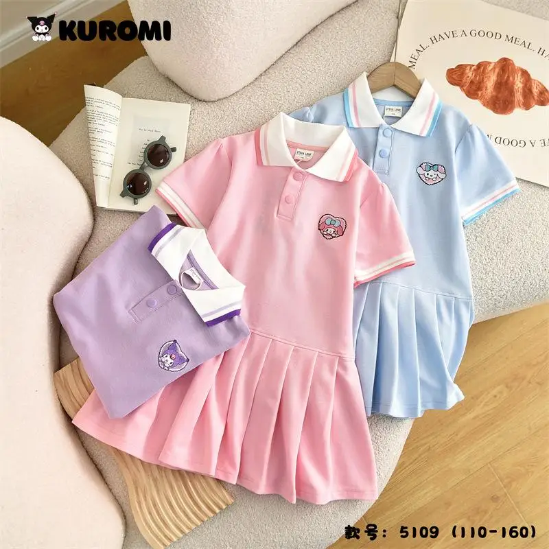 

Anime Sanrios College Style Children Girl Dress Kawaii Kuromi My Melody Cinnamoroll Kids Princess Polo Collar Pleated Skirt Gift