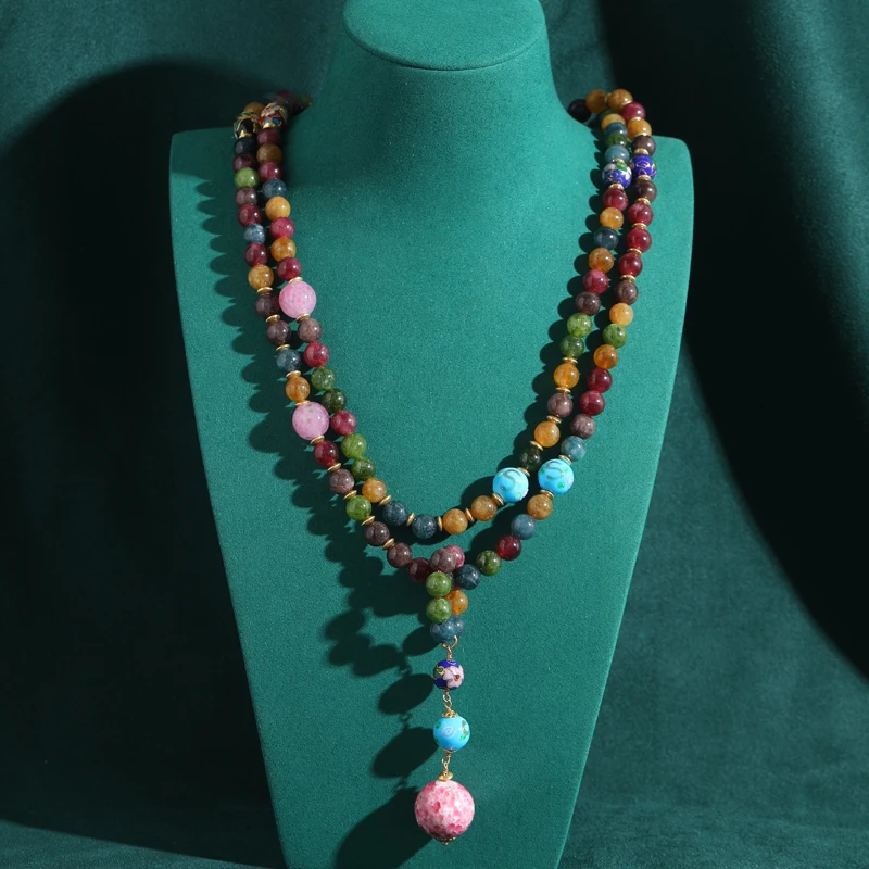 Vintage Colorful Pink Beads Long Layered Necklace for Women Handmade Natural Stone Pendant for Party Accessory Chains Boho 2024