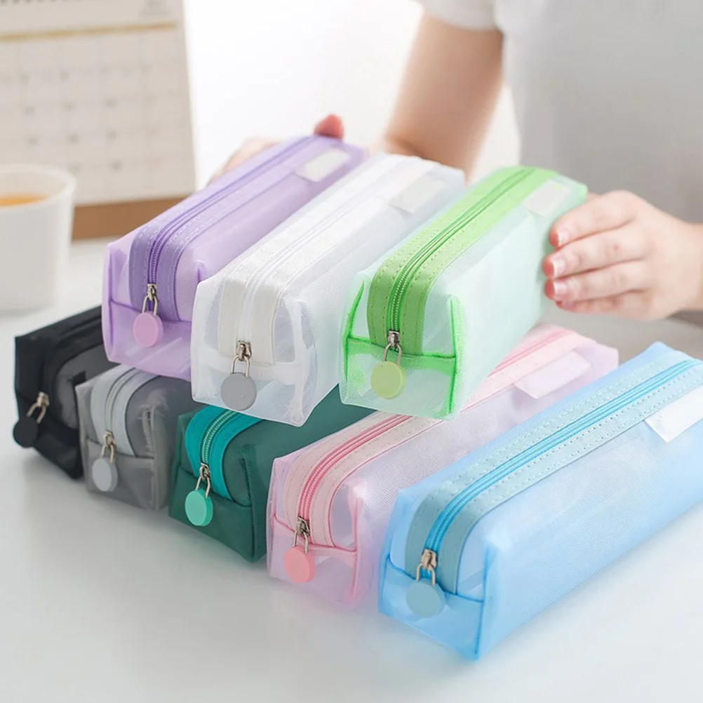 مقلمة شبكية شفافة وردية من النايلون حقيبة أدوات مكتبية محمولة للطلاب حامل قلم منظم حاوية تخزين العناصر الصغيرة