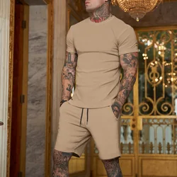 2024 Summer New Men's Fashion Casual Solid Color Cotton T-shirt Set Running Sports Large Short Sleeve Shorts Two Piece Set