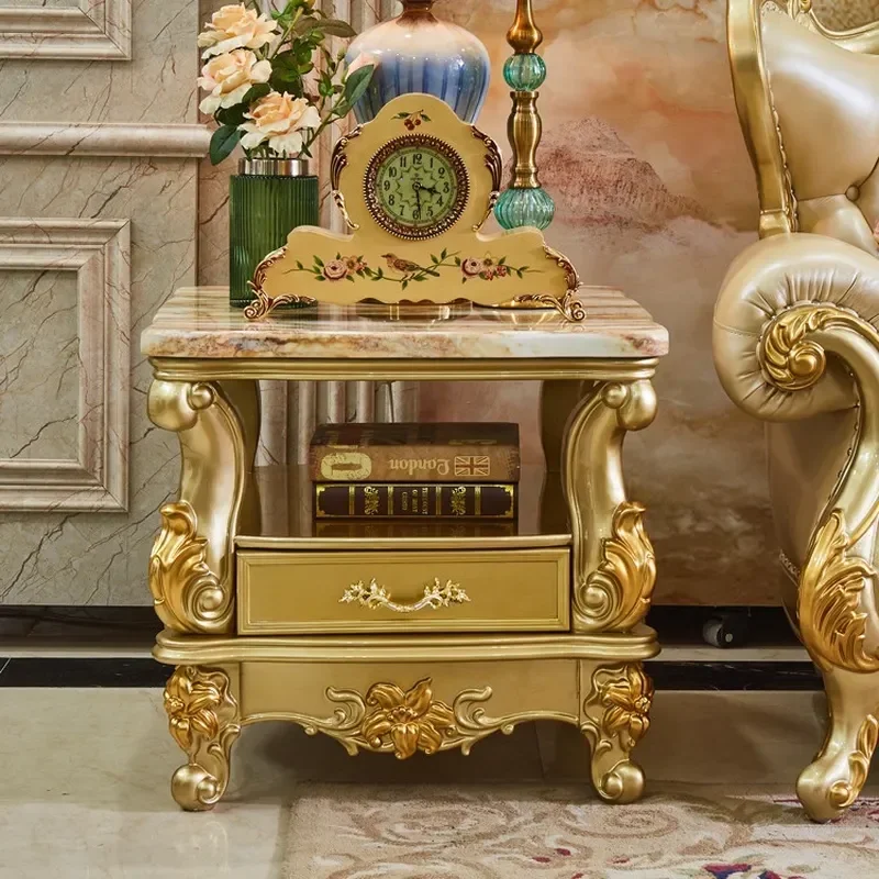 for European Marble Corner Table Luxury Gold Edge Solid Wood Carved Flower Small Square Side Table Phone Stand Living Room